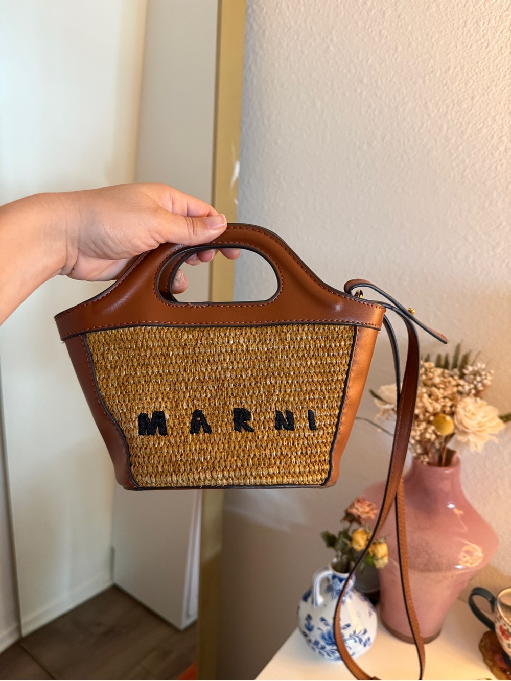 Marni Mini Tropicalia Brown Raffia and Leather Mini Tote